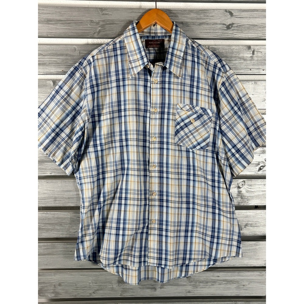 Vintage 70s Kingsport Mens XL Blue Tan Plaid Short Sleeve Button Down Shirt NICE